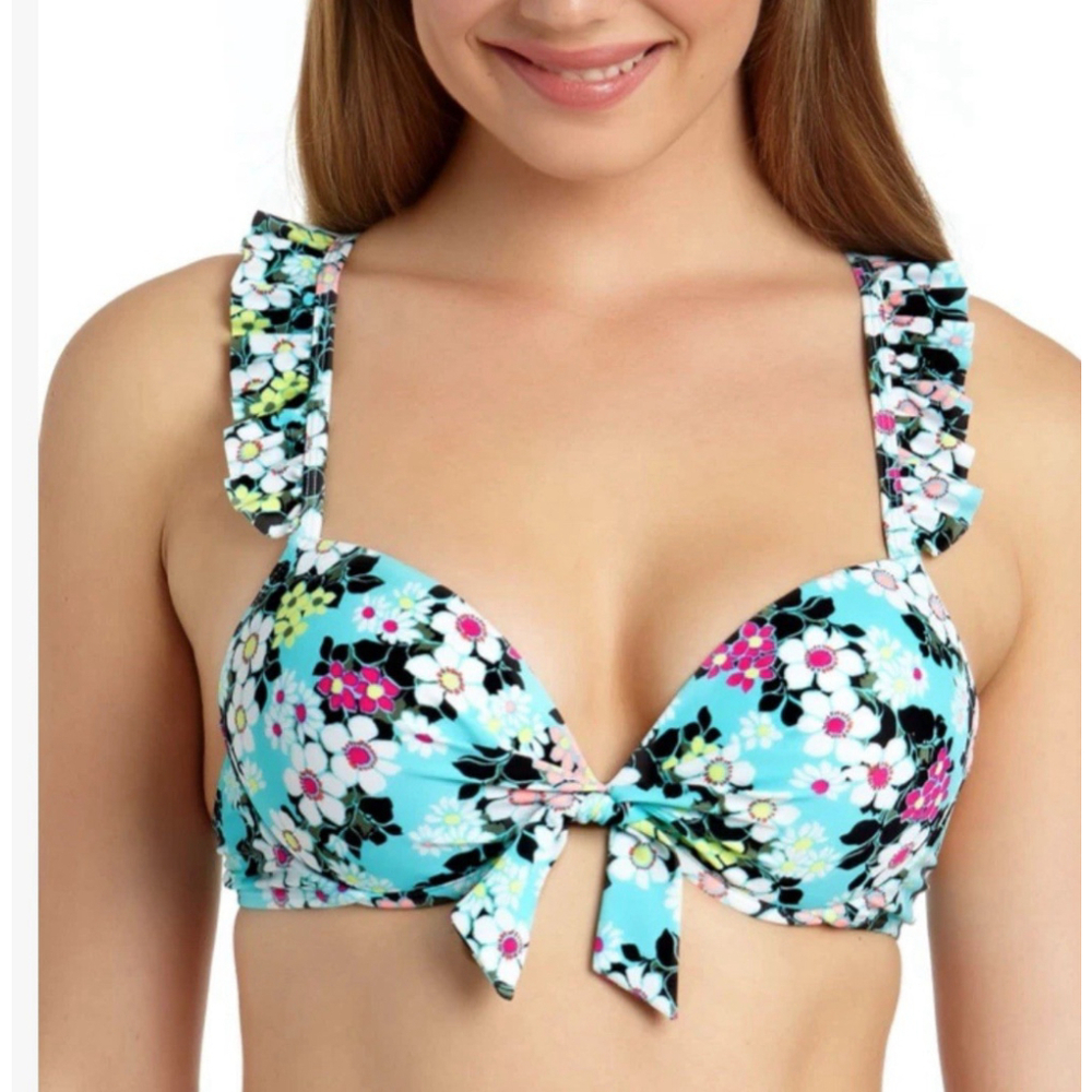 California Waves Blue and Black Bikini Top Ruffled Straps